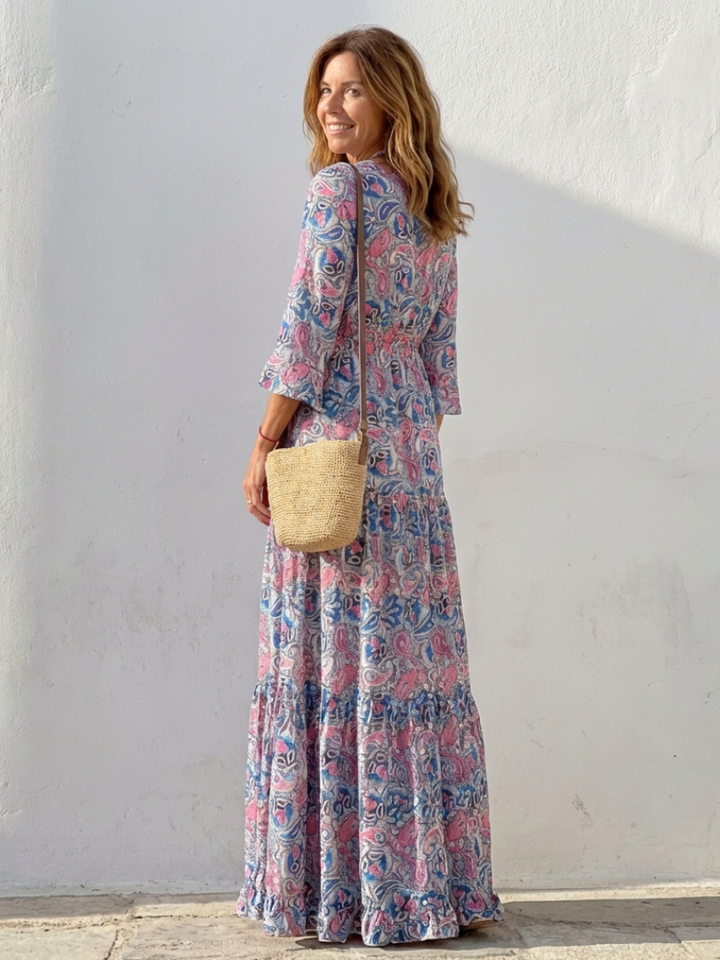 Isabella | Long Sleeve V Neck Bohemian Maxi Dress