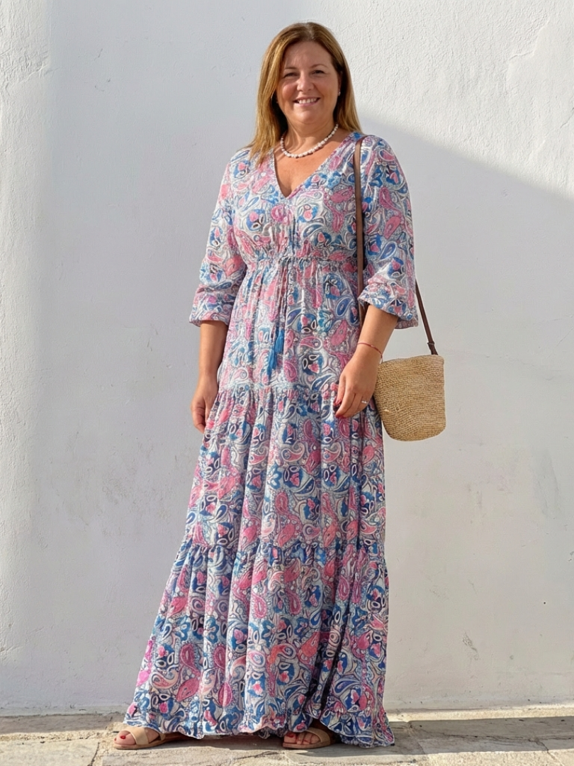 Isabella | Long Sleeve V Neck Bohemian Maxi Dress