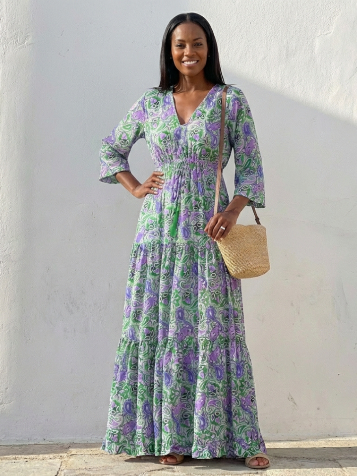 Isabella | Long Sleeve V Neck Bohemian Maxi Dress