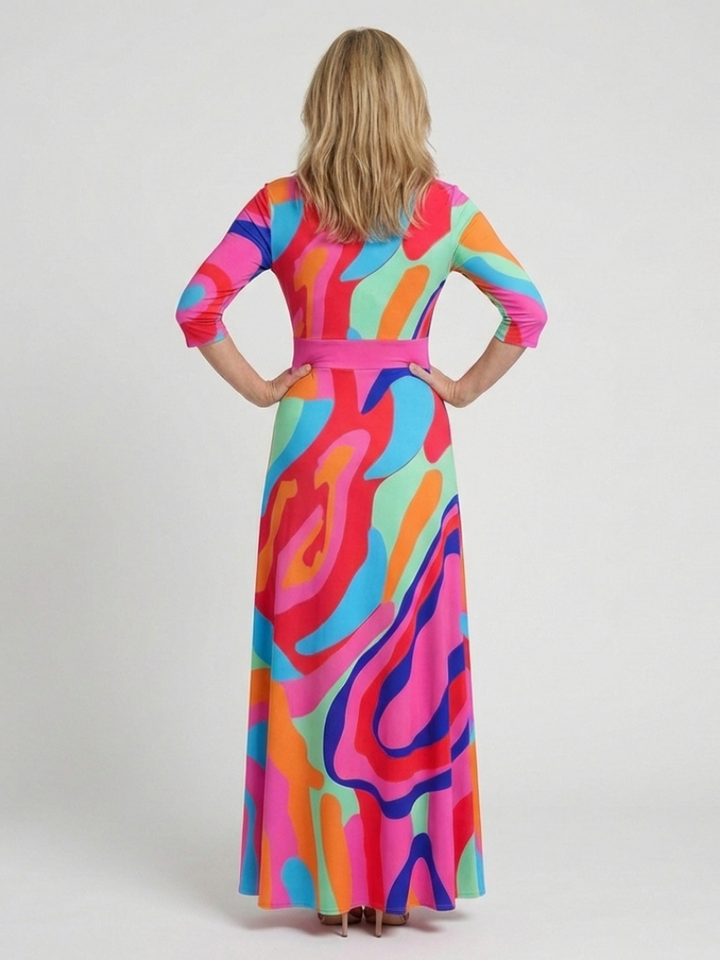 Naomi | Three Quarter Sleeve V Neck Abstract Maxi Dress