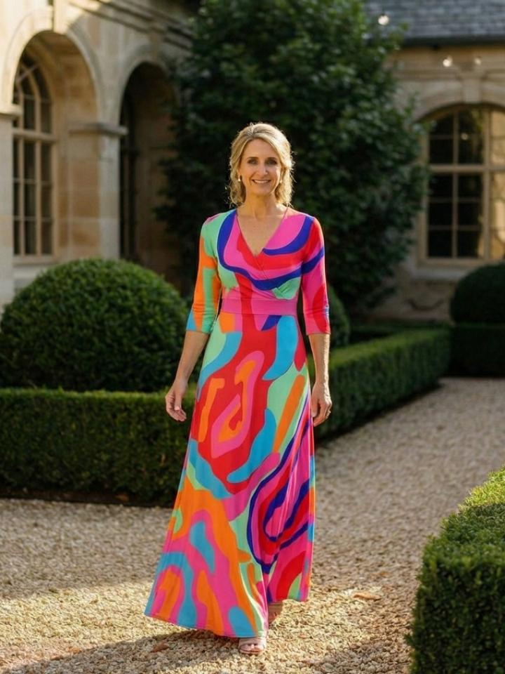 Naomi | Three Quarter Sleeve V Neck Abstract Maxi Dress