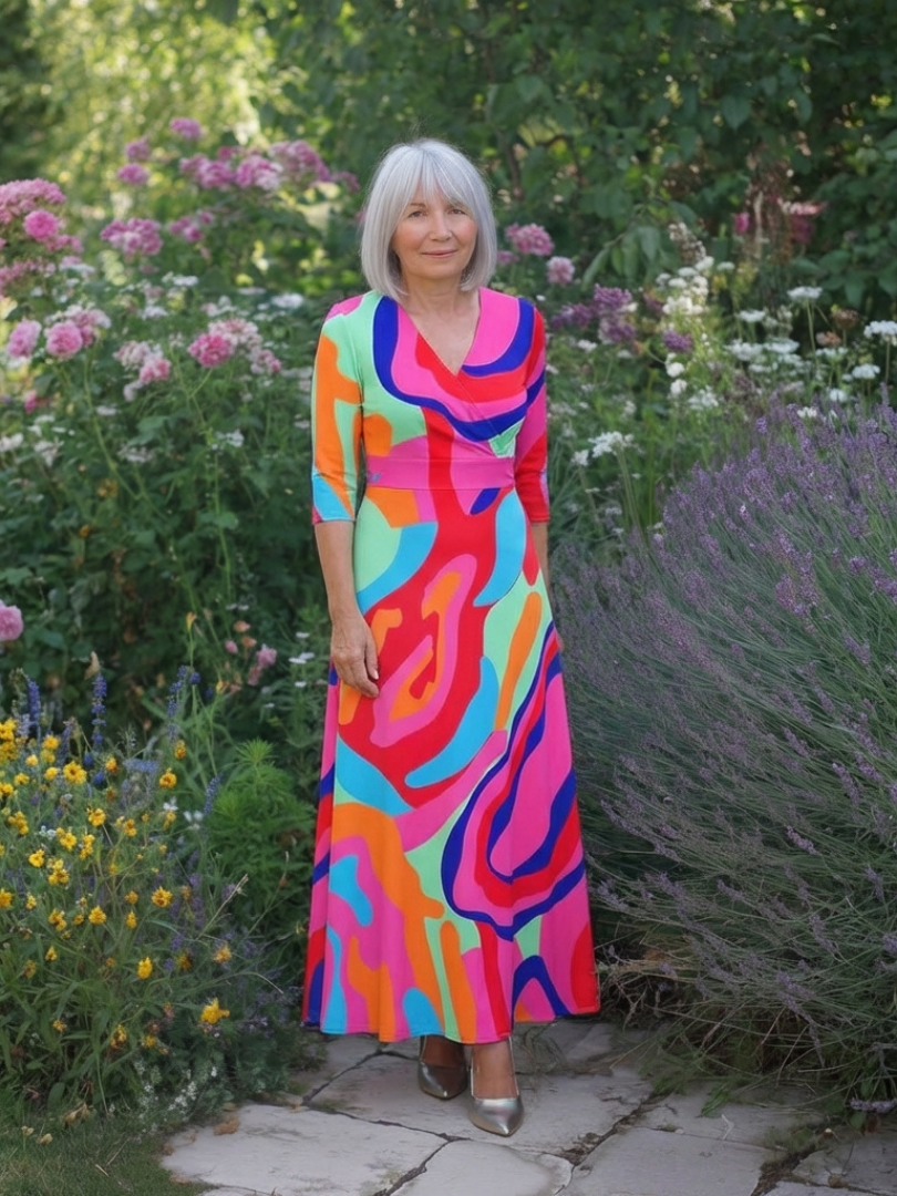 Naomi | Three Quarter Sleeve V Neck Abstract Maxi Dress