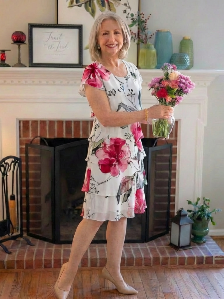 Eleanor | Short Sleeve Floral Layered Knee Length Dress