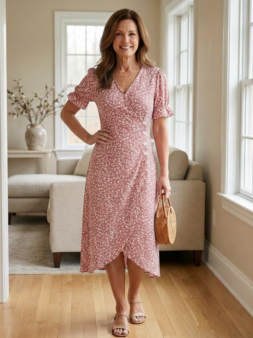 Margaret | Short Sleeve V Neck Floral Midi Dress
