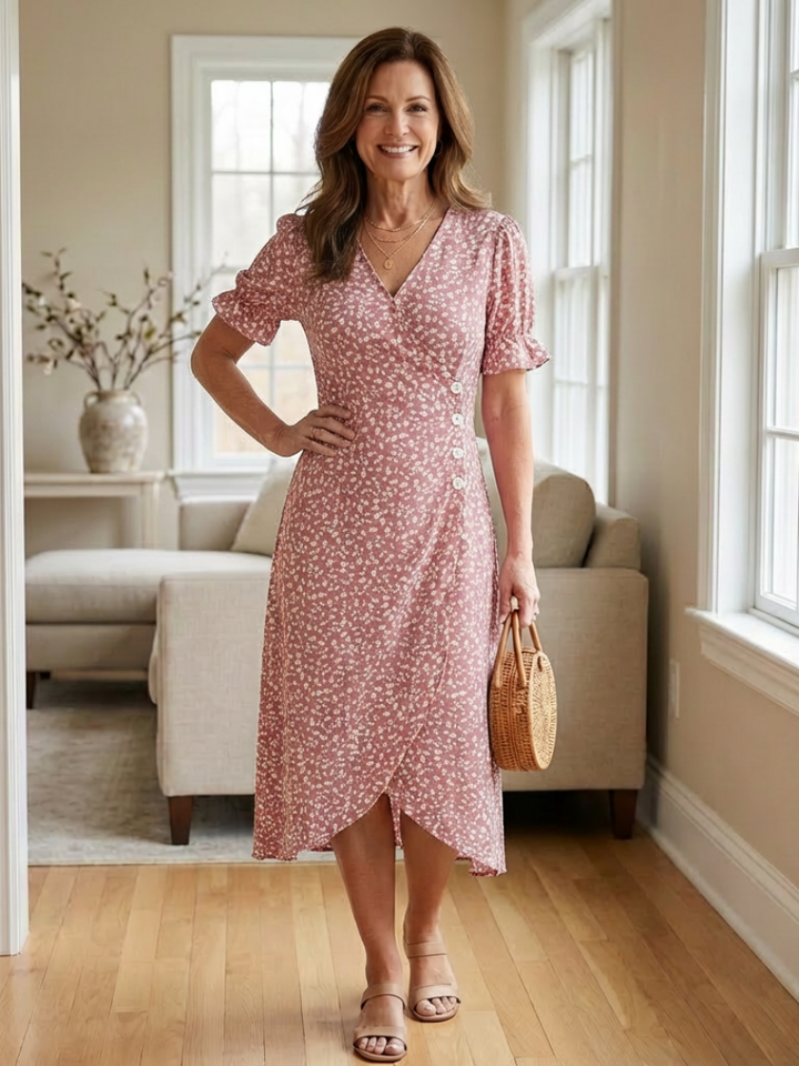 Margaret | Short Sleeve V Neck Floral Midi Dress
