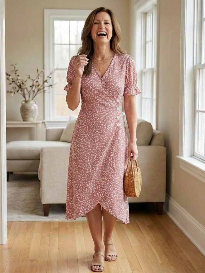 Margaret | Short Sleeve V Neck Floral Midi Dress