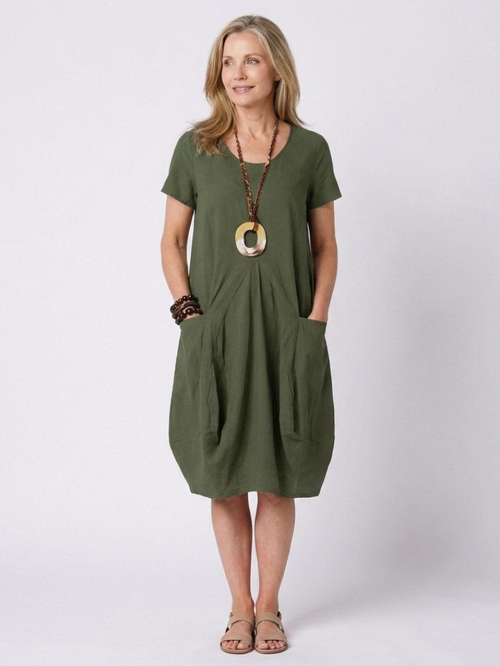 Diane | Short Sleeve Pleated Knee Length Dress