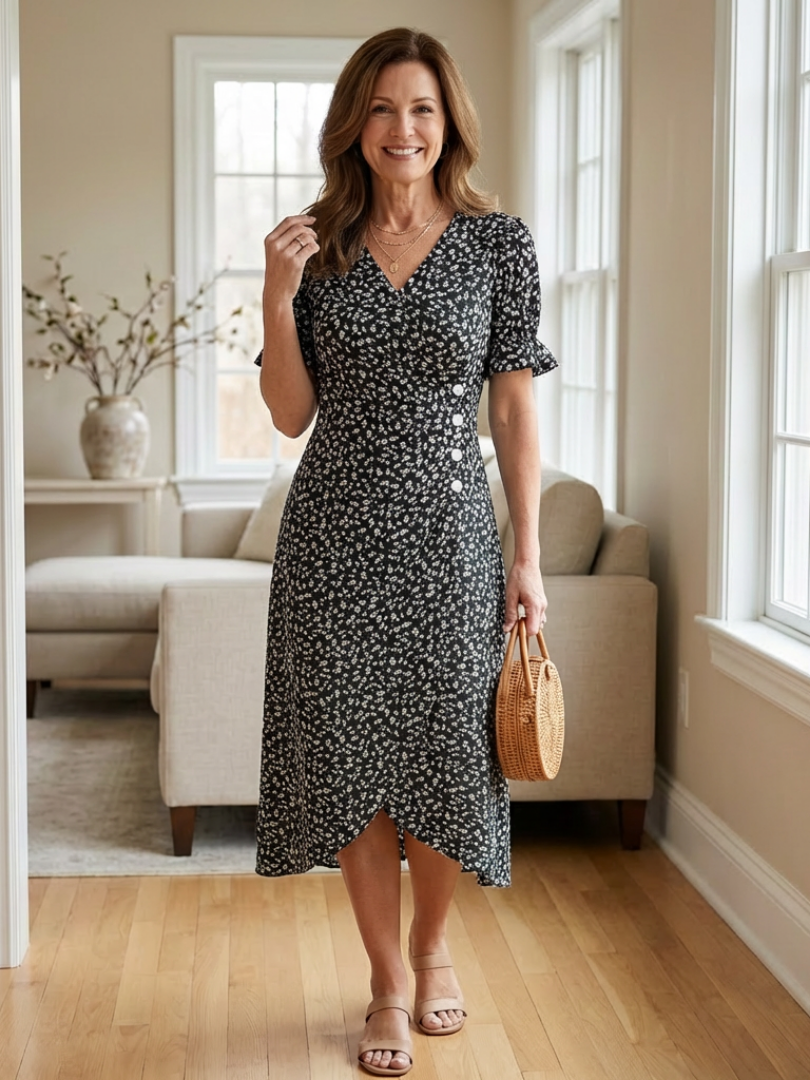 Margaret | Short Sleeve V Neck Floral Midi Dress