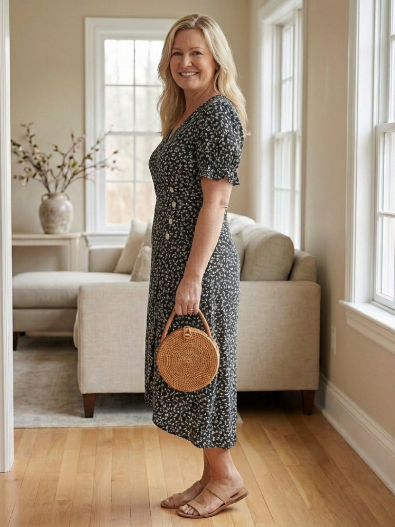Margaret | Short Sleeve V Neck Floral Midi Dress