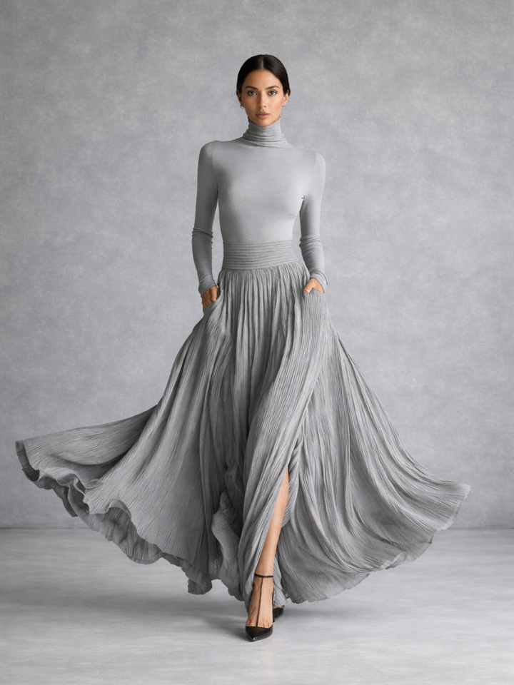 Isla | Pleated Full Skirt Turtleneck Maxi Dress