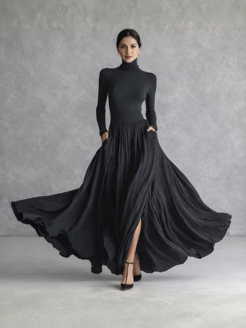 Isla | Pleated Full Skirt Turtleneck Maxi Dress