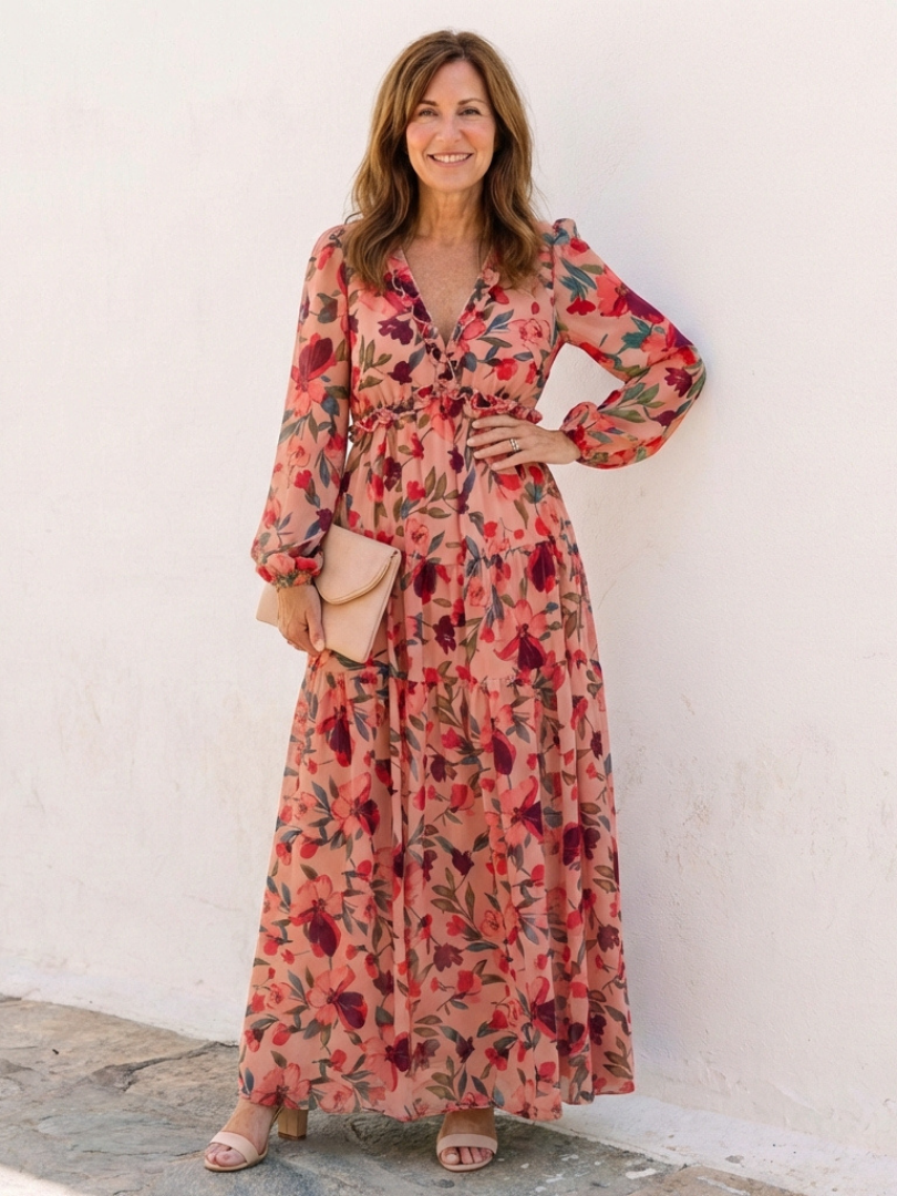 Elena | Long Sleeve V Neck Floral Maxi Dress