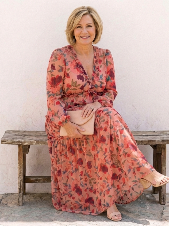 Elena | Long Sleeve V Neck Floral Maxi Dress
