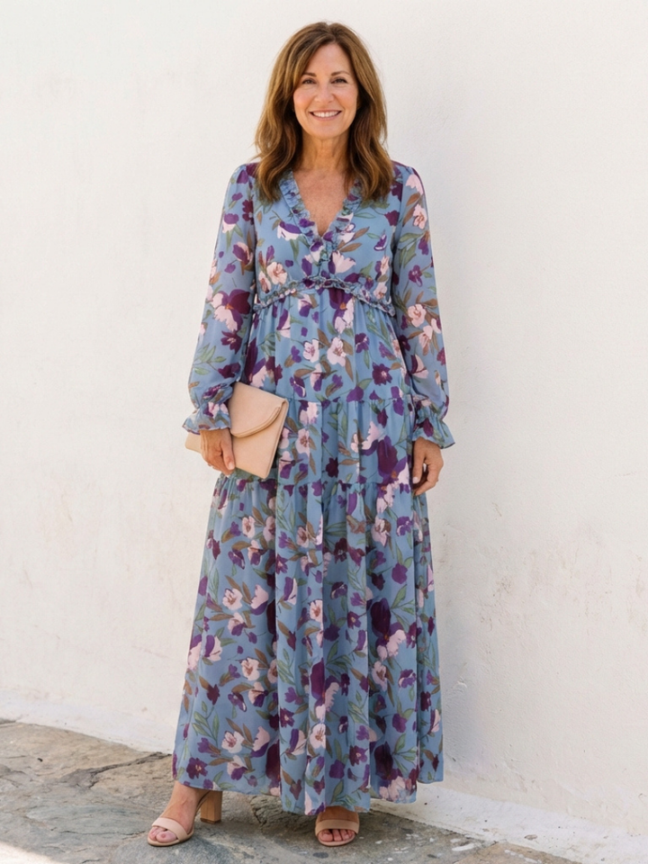 Elena | Long Sleeve V Neck Floral Maxi Dress