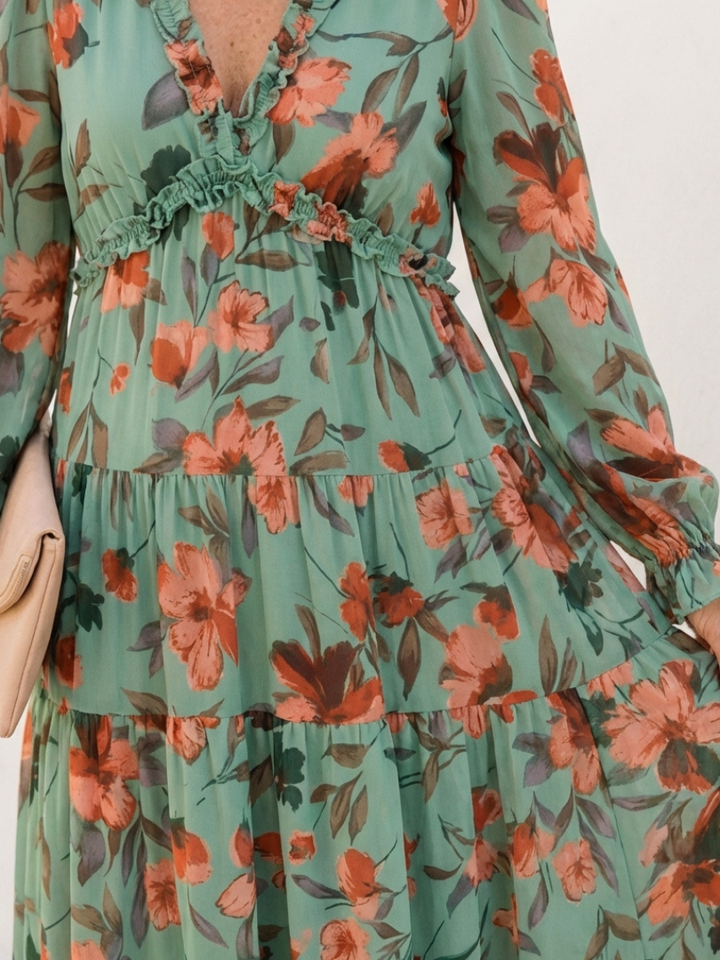 Elena | Long Sleeve V Neck Floral Maxi Dress