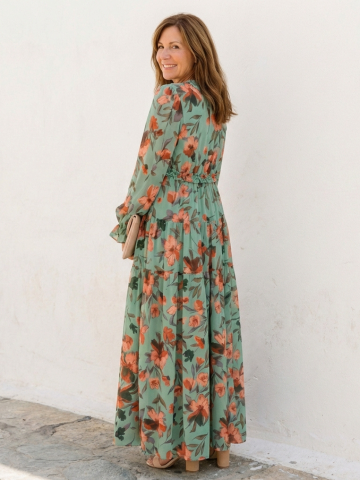 Elena | Long Sleeve V Neck Floral Maxi Dress
