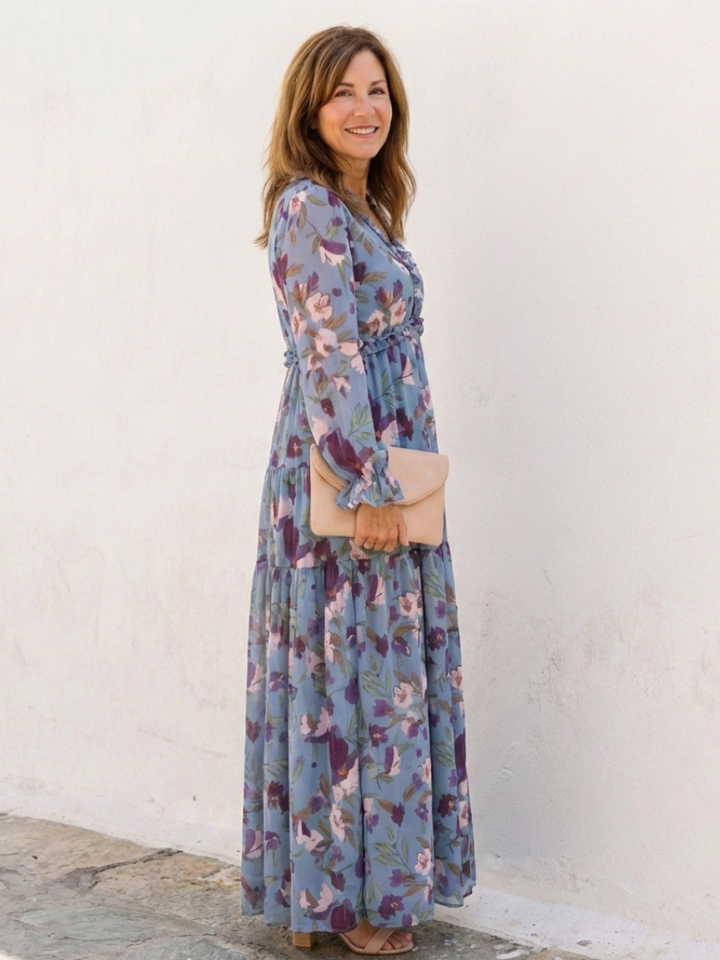 Elena | Long Sleeve V Neck Floral Maxi Dress