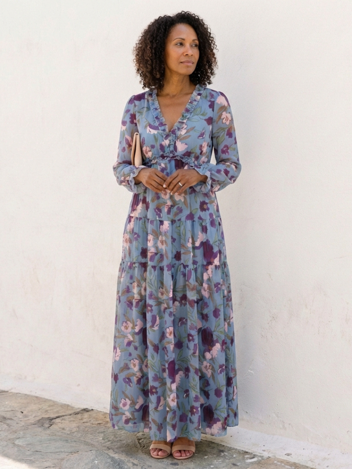 Elena | Long Sleeve V Neck Floral Maxi Dress