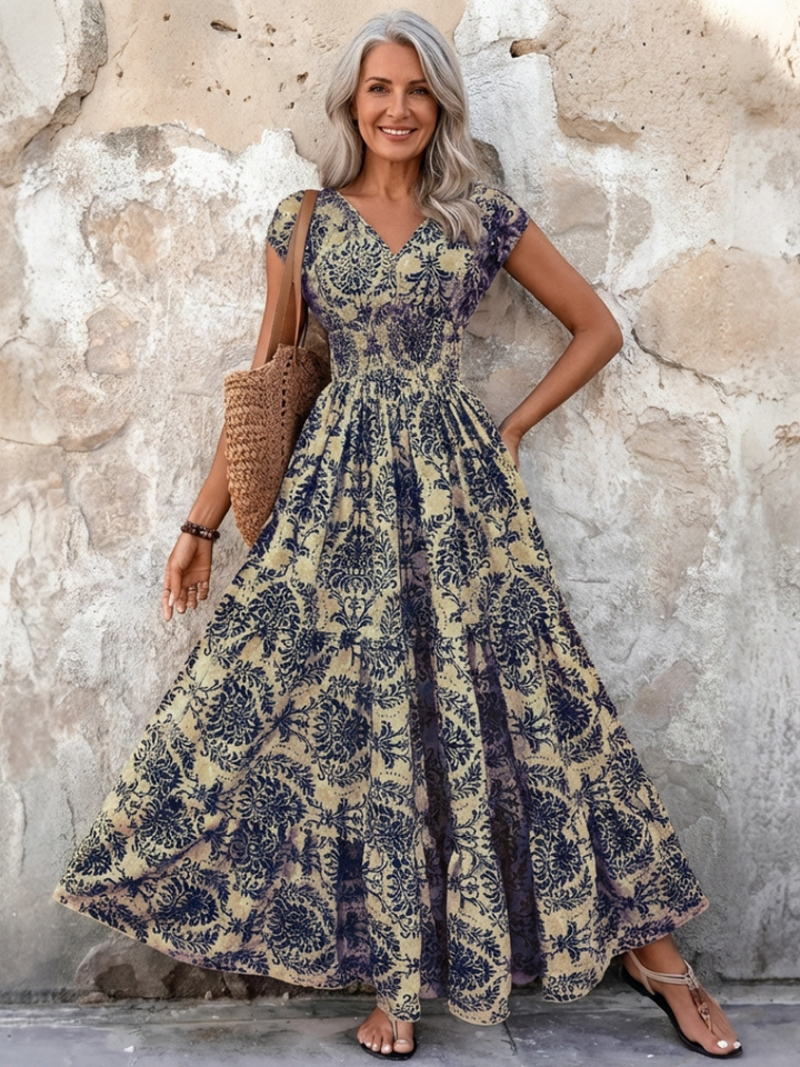Vivienne | Cap Sleeve V Neck Bohemian Maxi Dress