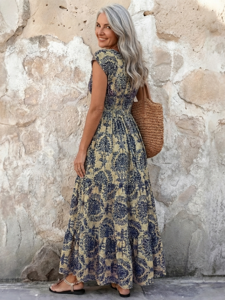 Vivienne | Cap Sleeve V Neck Bohemian Maxi Dress