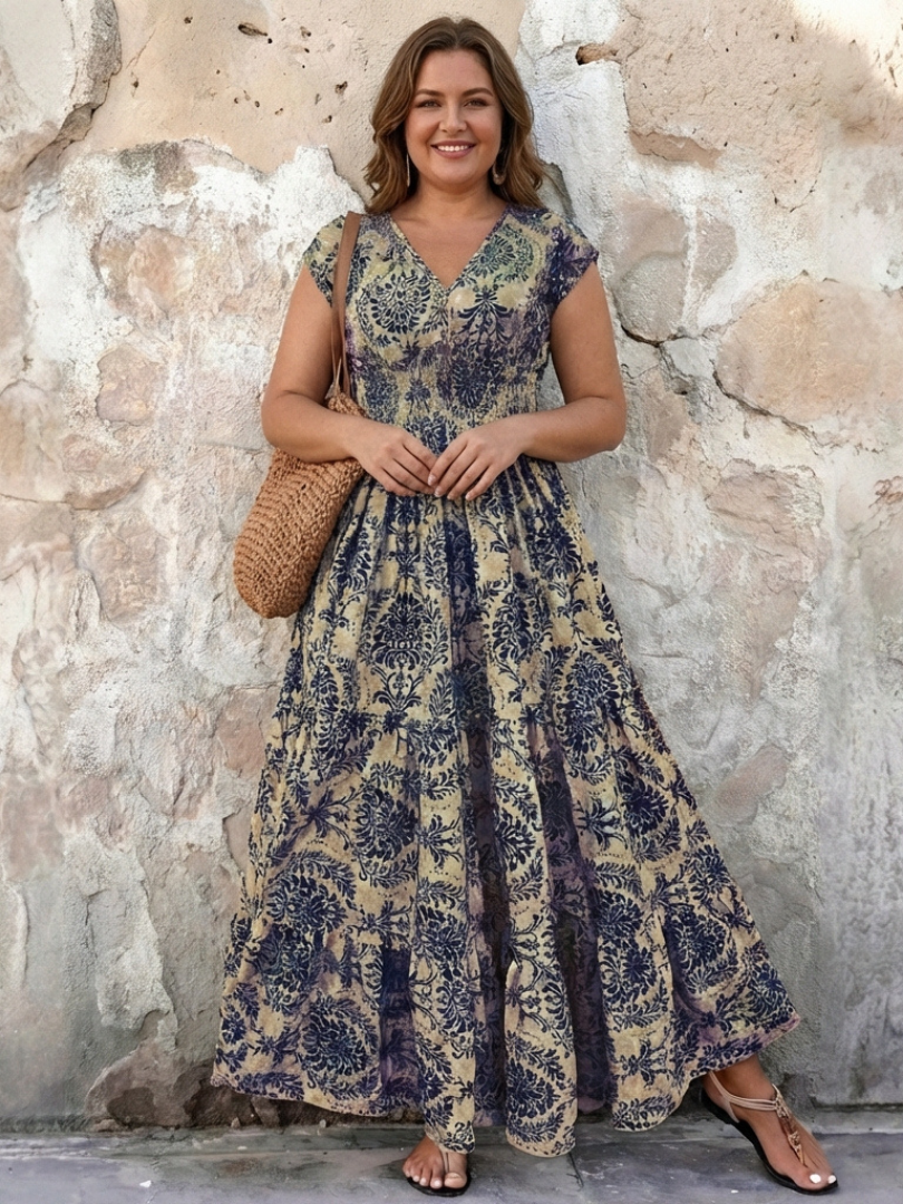 Vivienne | Cap Sleeve V Neck Bohemian Maxi Dress