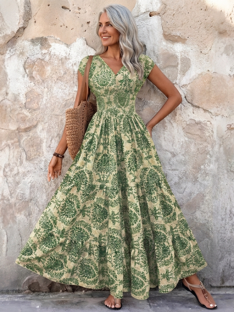 Vivienne | Cap Sleeve V Neck Bohemian Maxi Dress