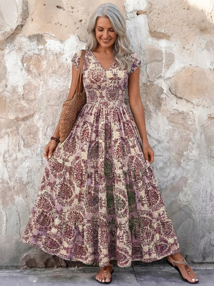 Vivienne | Cap Sleeve V Neck Bohemian Maxi Dress