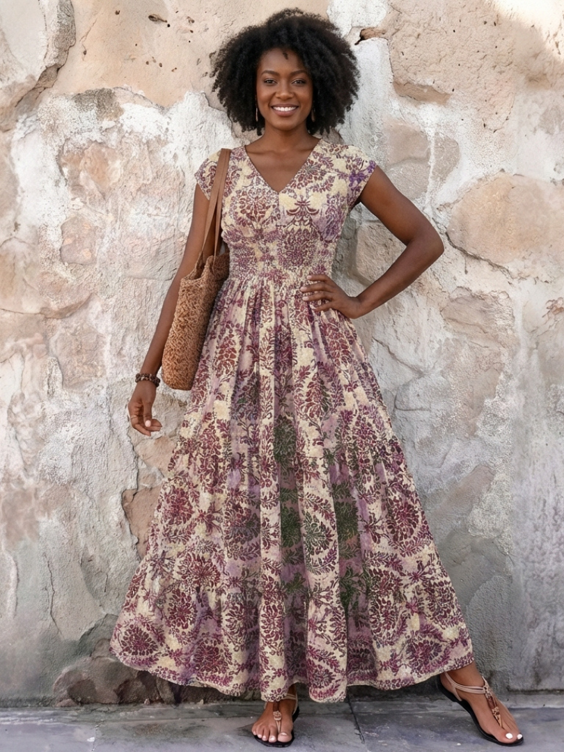 Vivienne | Cap Sleeve V Neck Bohemian Maxi Dress