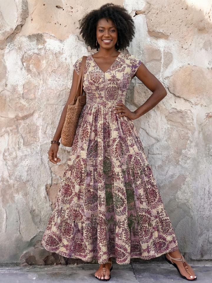 Vivienne | Cap Sleeve V Neck Bohemian Maxi Dress