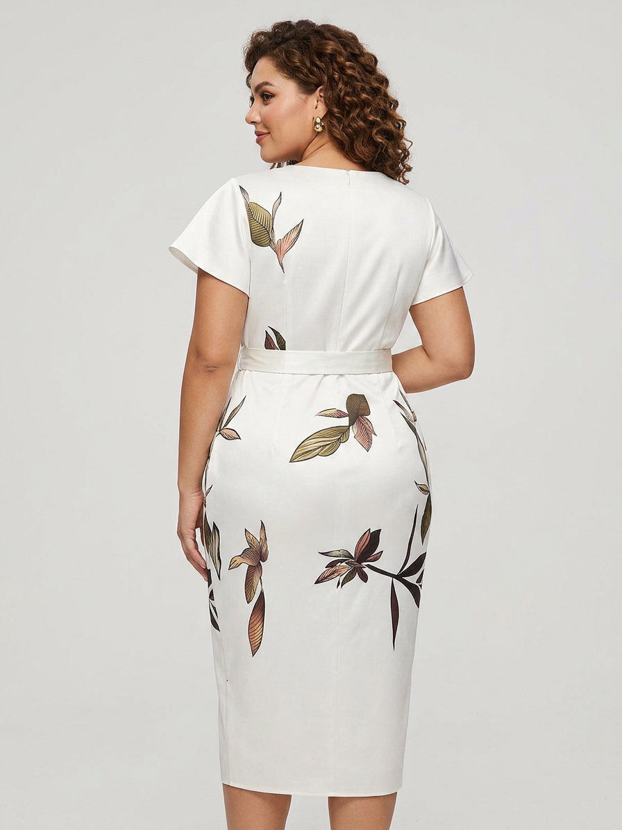 Judy | White Leaf Short Sleeve Satin Midi Dress