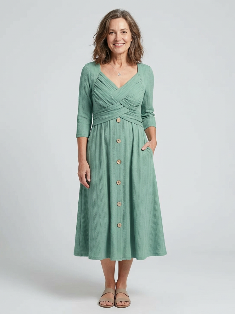 Isolde | Cross Pleated V Neck Button Front Midi Dress