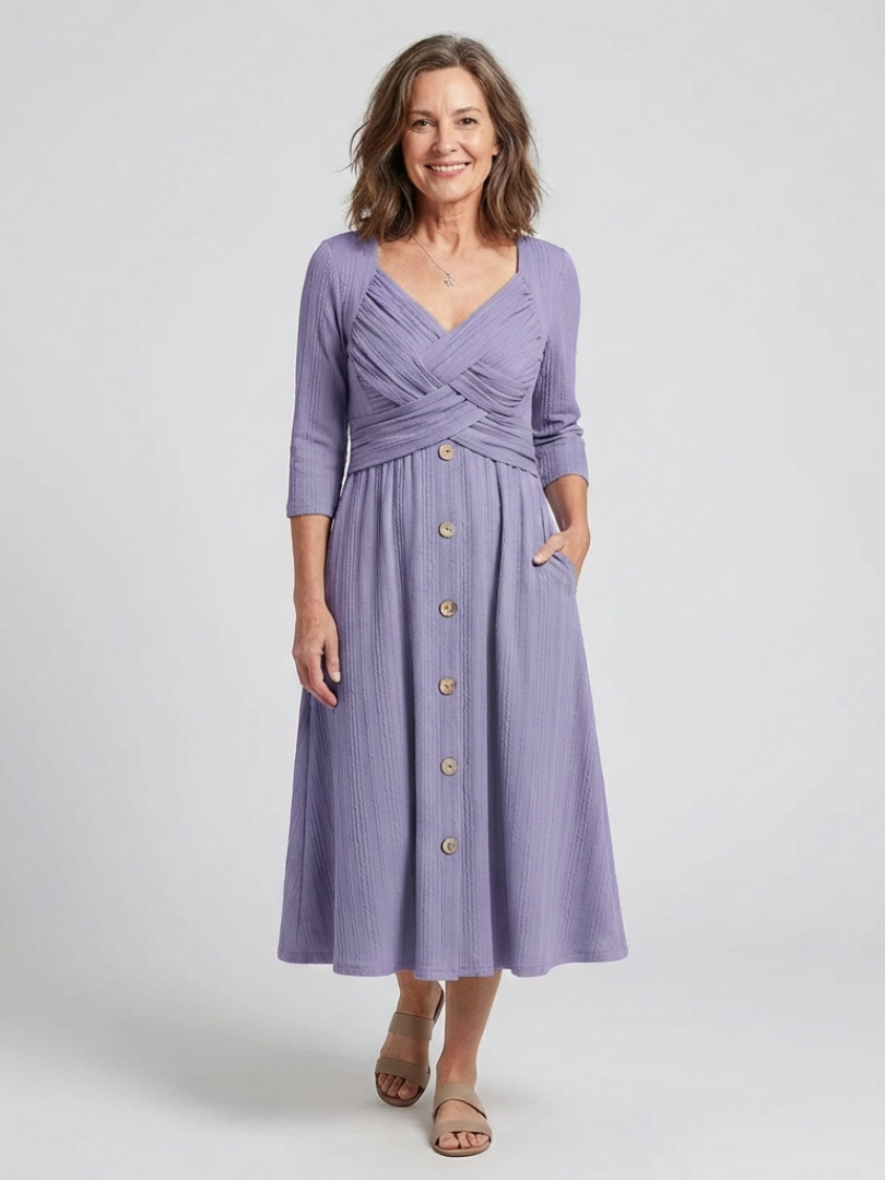 Isolde | Cross Pleated V Neck Button Front Midi Dress