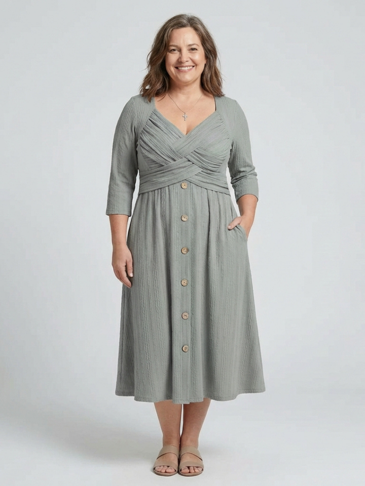 Isolde | Cross Pleated V Neck Button Front Midi Dress