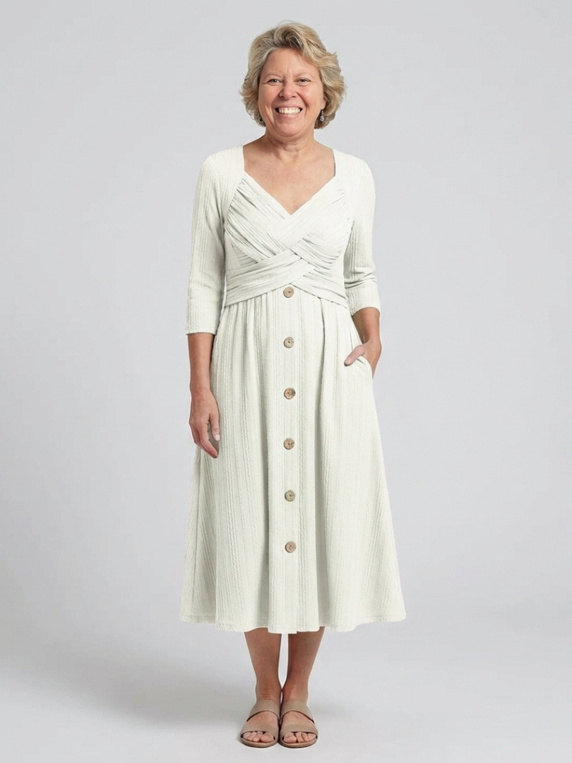 Isolde | Cross Pleated V Neck Button Front Midi Dress