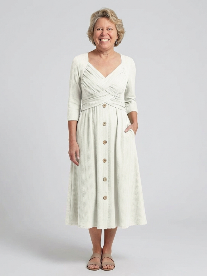 Isolde | Cross Pleated V Neck Button Front Midi Dress
