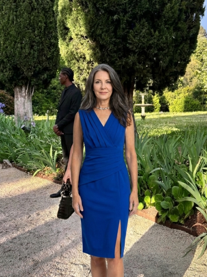 Vanessa | Sleeveless V Neck Knee Length Dress With Front Slit