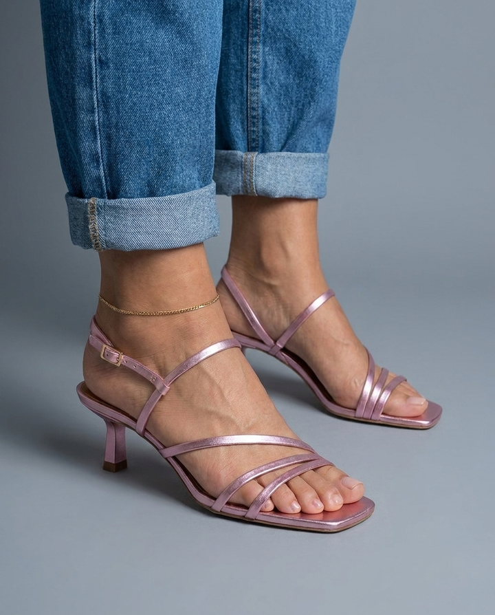 Rosé | Pink Metallic Strappy Kitten Heels