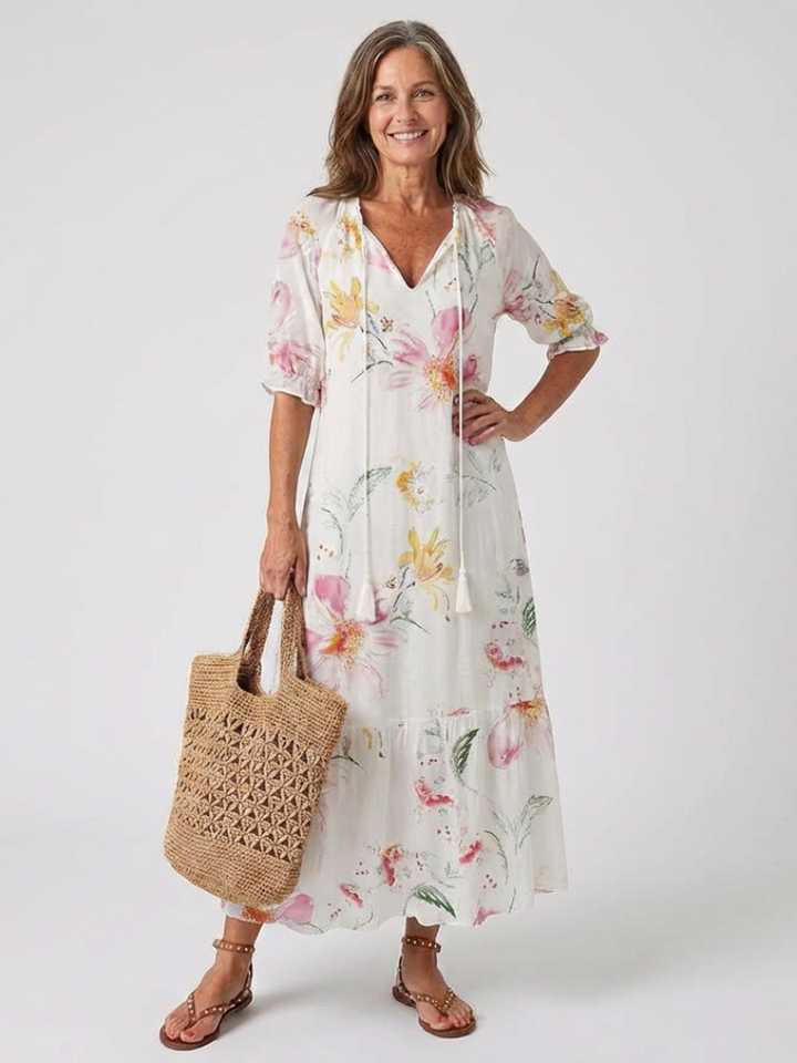 Lillian | Floral V Neck Short Sleeve Midi Dress