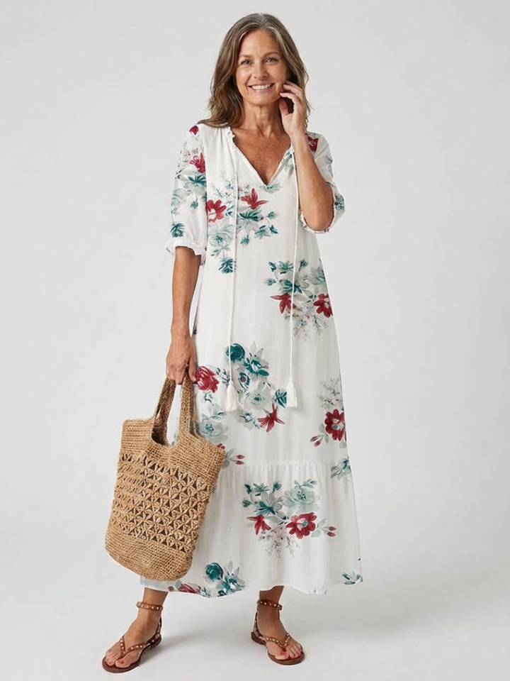 Lillian | Floral V Neck Short Sleeve Midi Dress