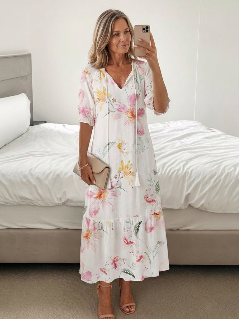 Lillian | Floral V Neck Short Sleeve Midi Dress