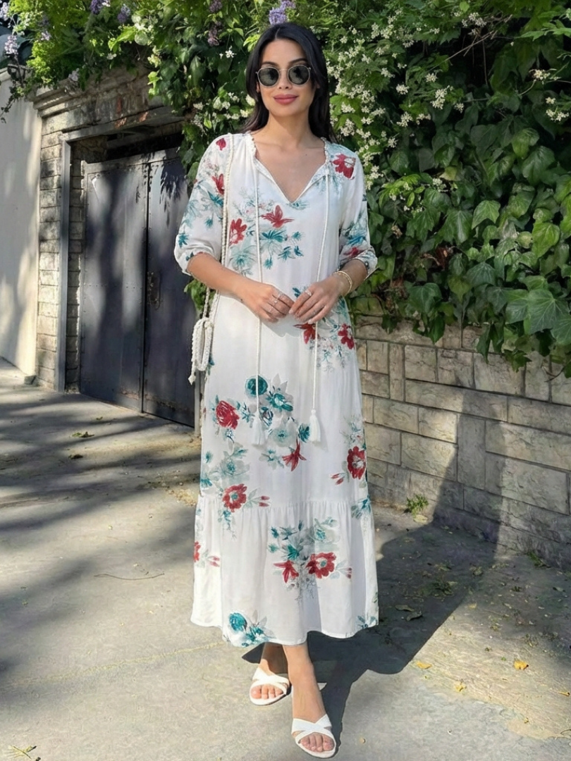 Lillian | Floral V Neck Short Sleeve Midi Dress