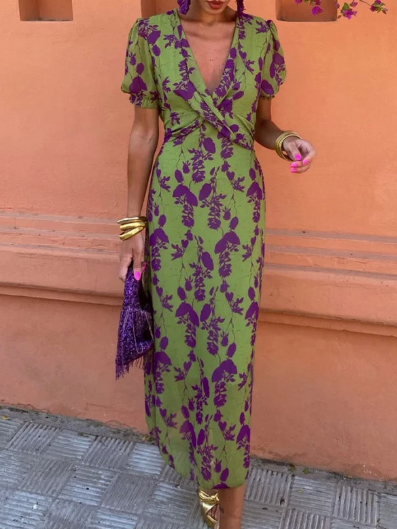 Clara | Short Sleeve Floral V Neck Midi Dress