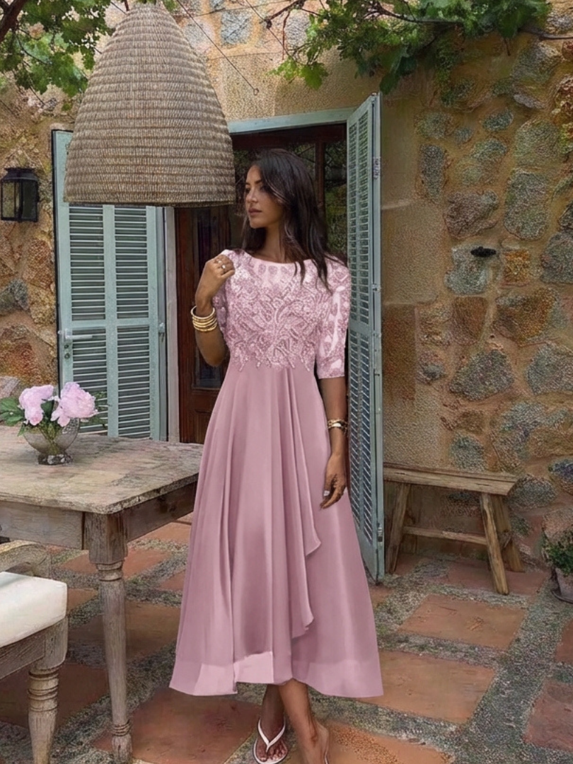 Vivian | Lace Bodice Three Quarter Sleeve Midi Dress