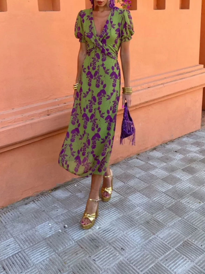 Clara | Short Sleeve Floral V Neck Midi Dress