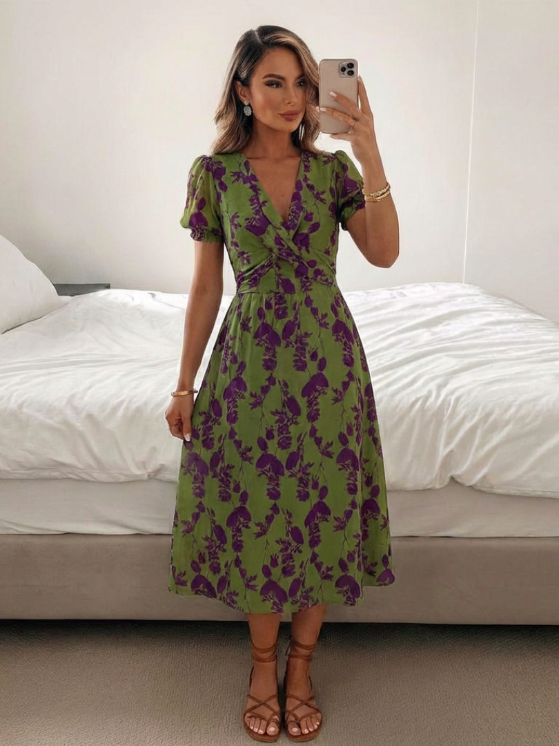 Clara | Short Sleeve Floral V Neck Midi Dress